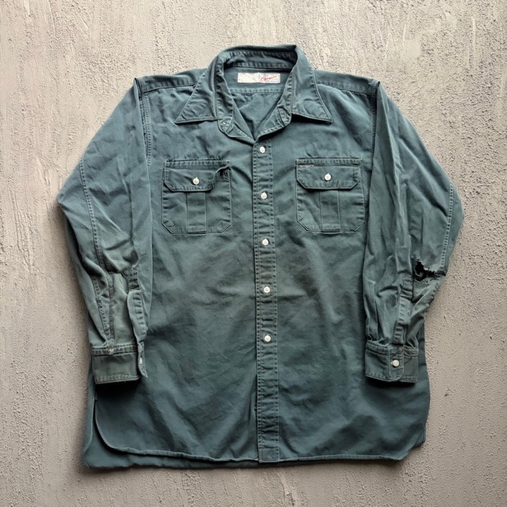 Vintage Champion Button Up Shirt XL Green 1960s Workwear Twill Distressed Cotton